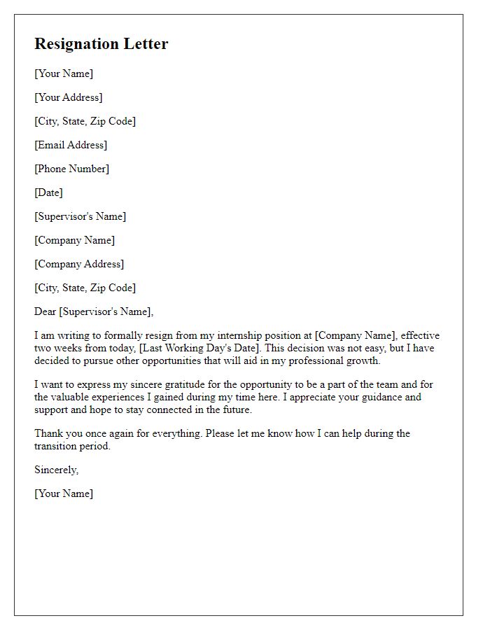 Letter template of resignation with two weeks notice for an internship position.