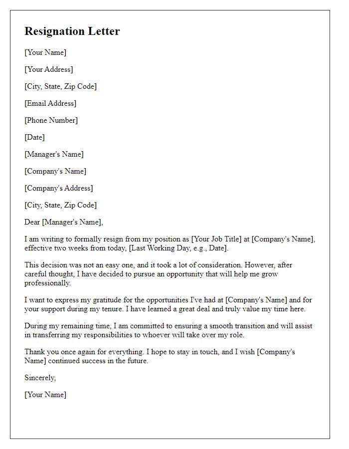 Letter template of resignation with two weeks notice for a managerial role.