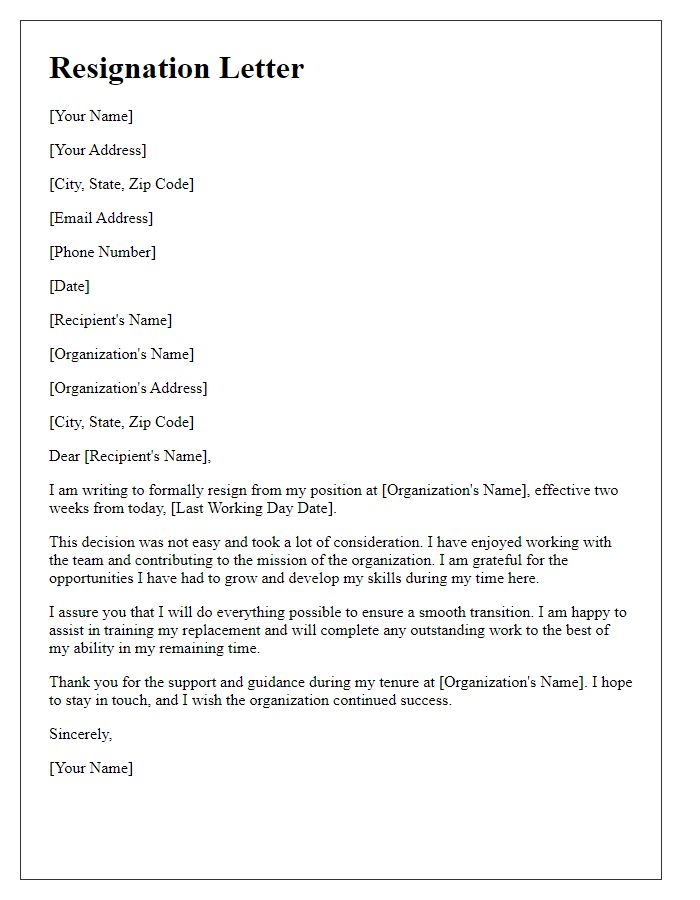 Letter template of resignation with two weeks notice for a non-profit organization.