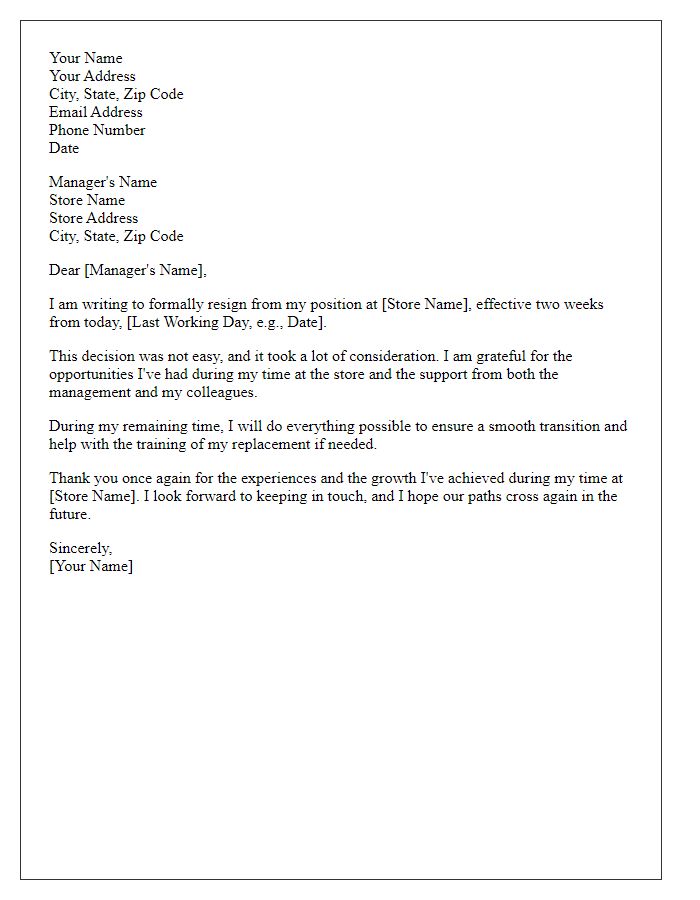 Letter template of resignation with two weeks notice for a retail position.