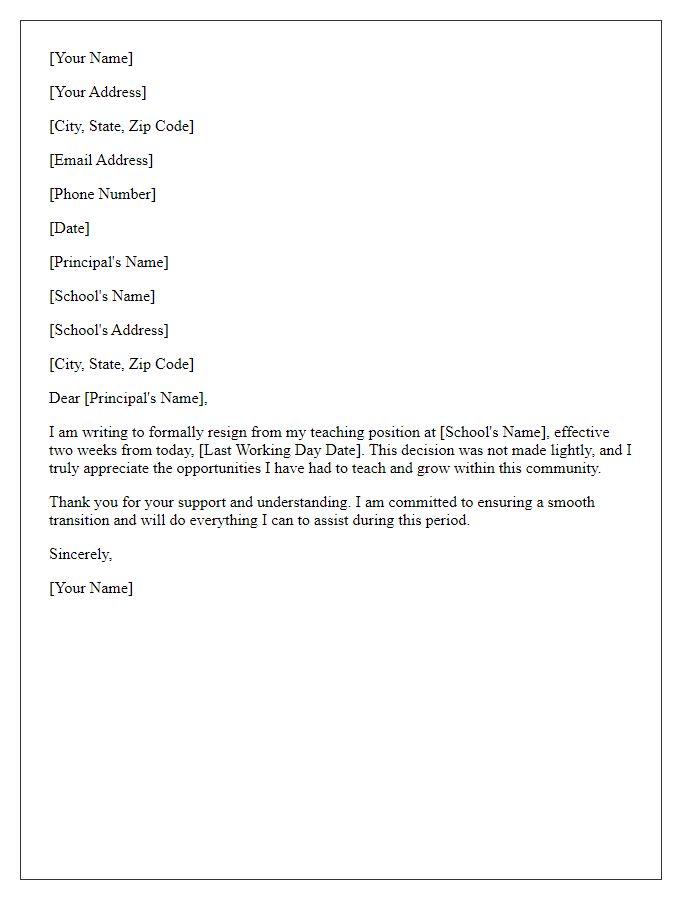 Letter template of resignation with two weeks notice for a teaching position.