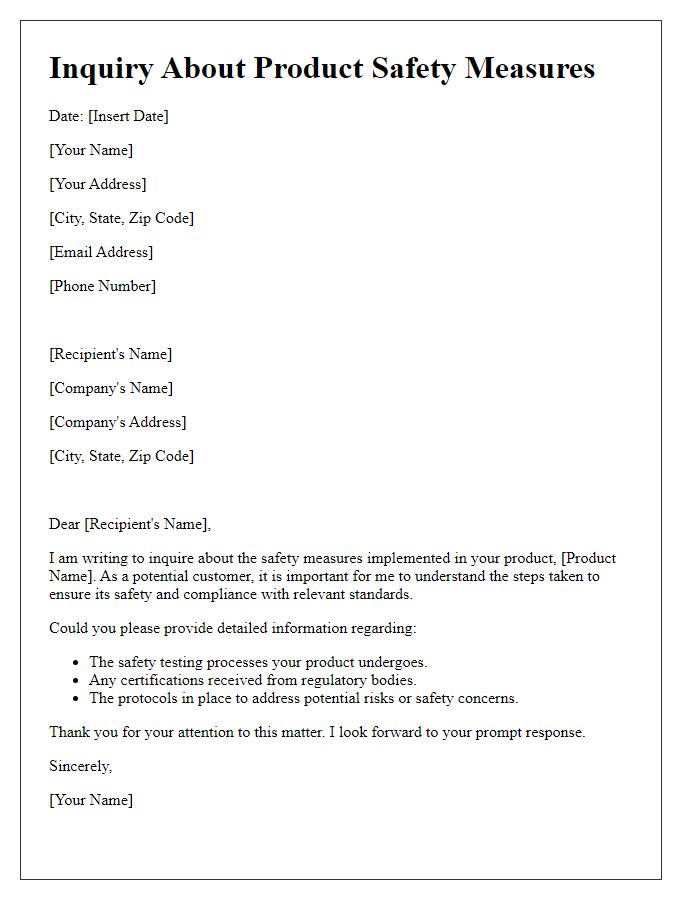 Letter template of inquiry regarding product safety measures
