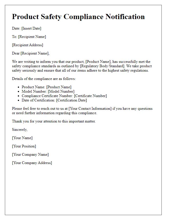 Letter template of notification for product safety compliance