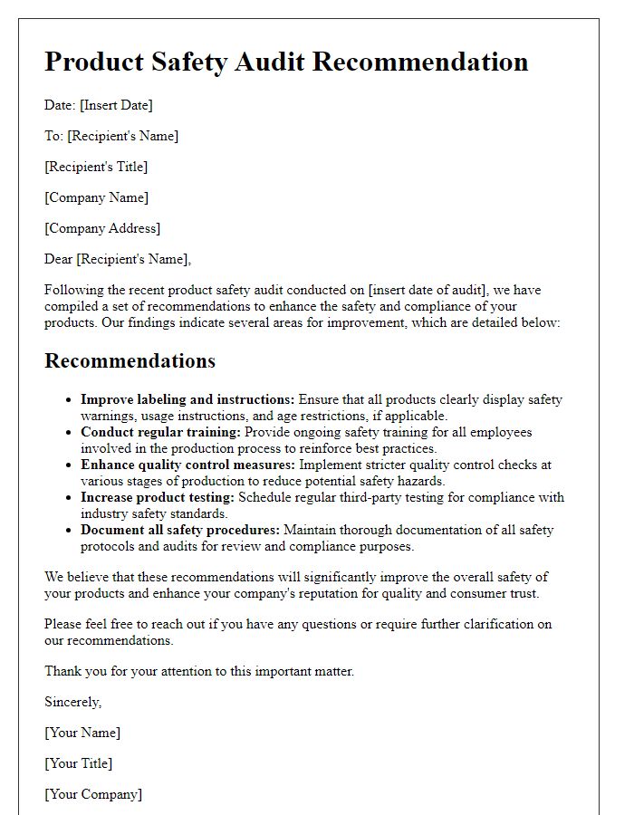 Letter template of product safety audit recommendation