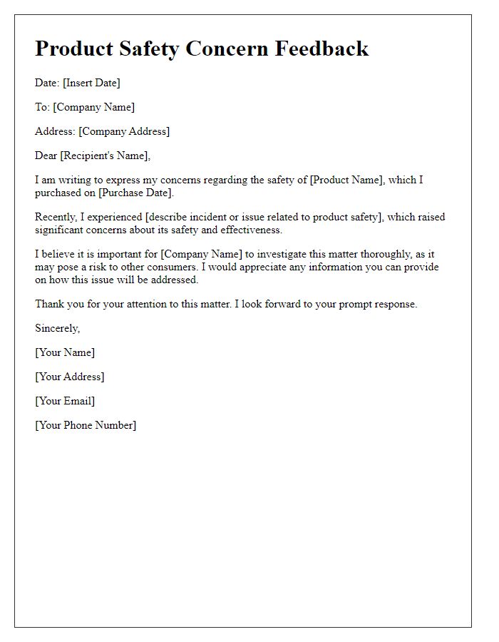 Letter template of product safety concern feedback