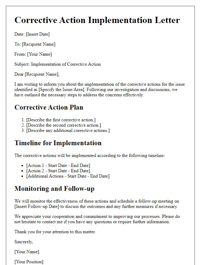 Letter template of corrective action implementation