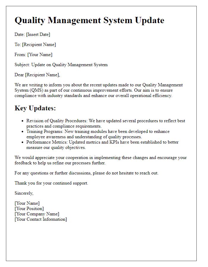 Letter template of quality management system update