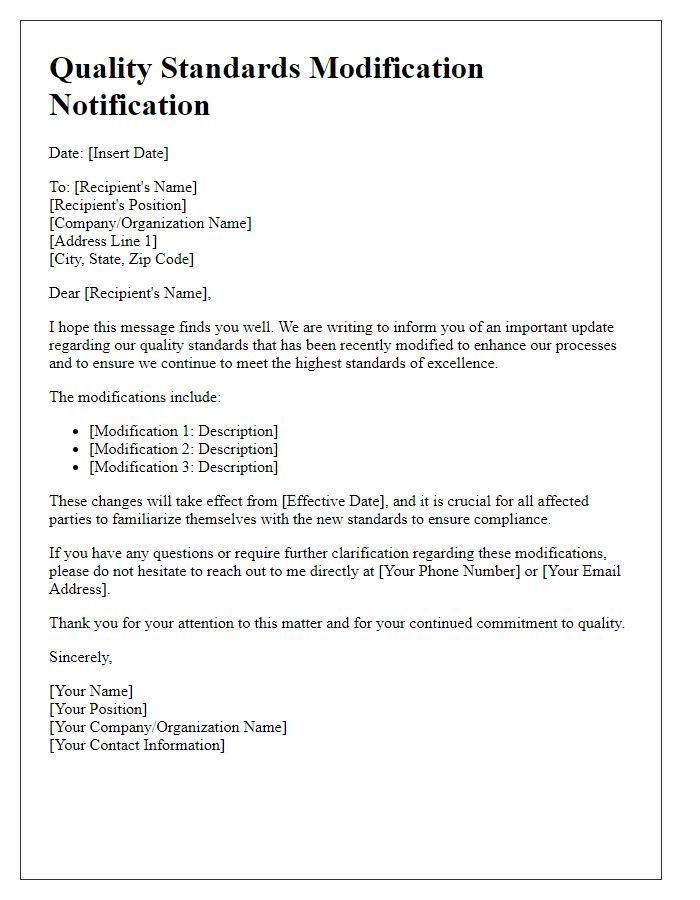 Letter template of quality standards modification communication