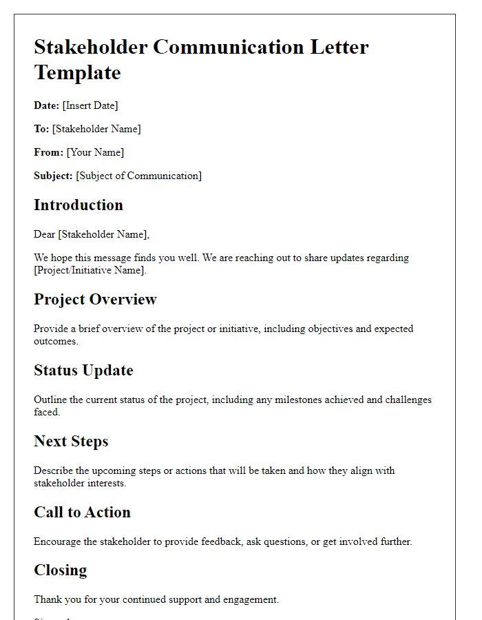 Letter template of stakeholder communication outline