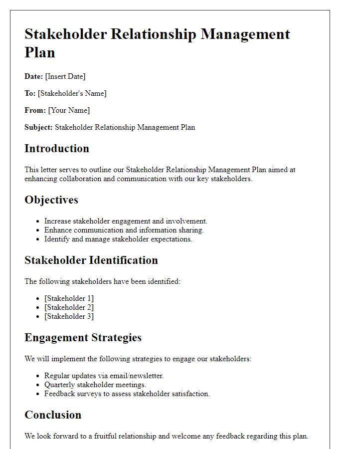 Letter template of stakeholder relationship management plan