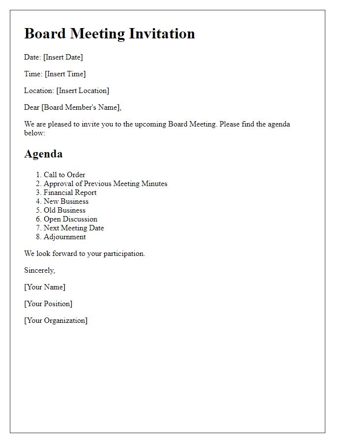 Letter template of board meeting agenda invitation