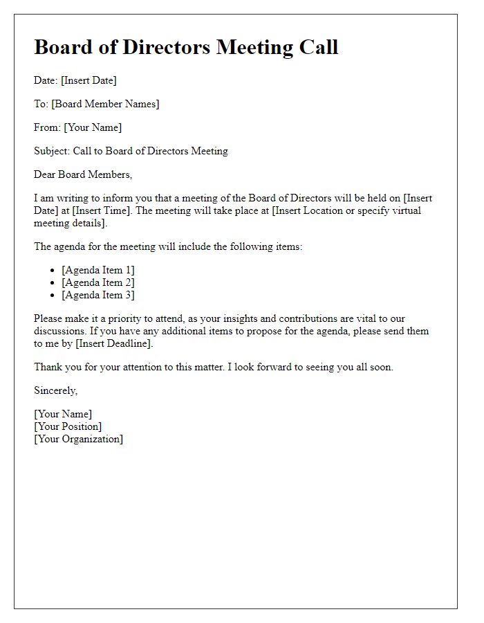 Letter template of board of directors meeting call