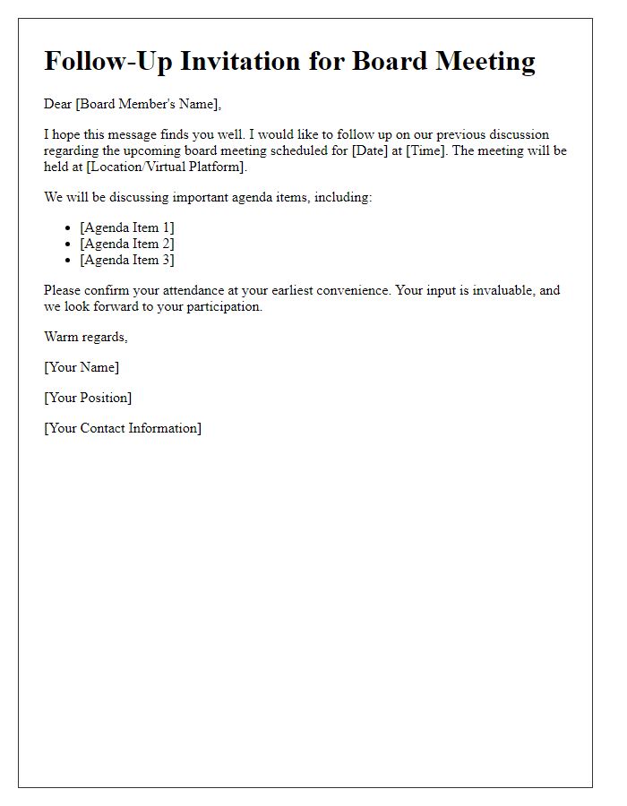 Letter template of follow-up invitation for board meeting