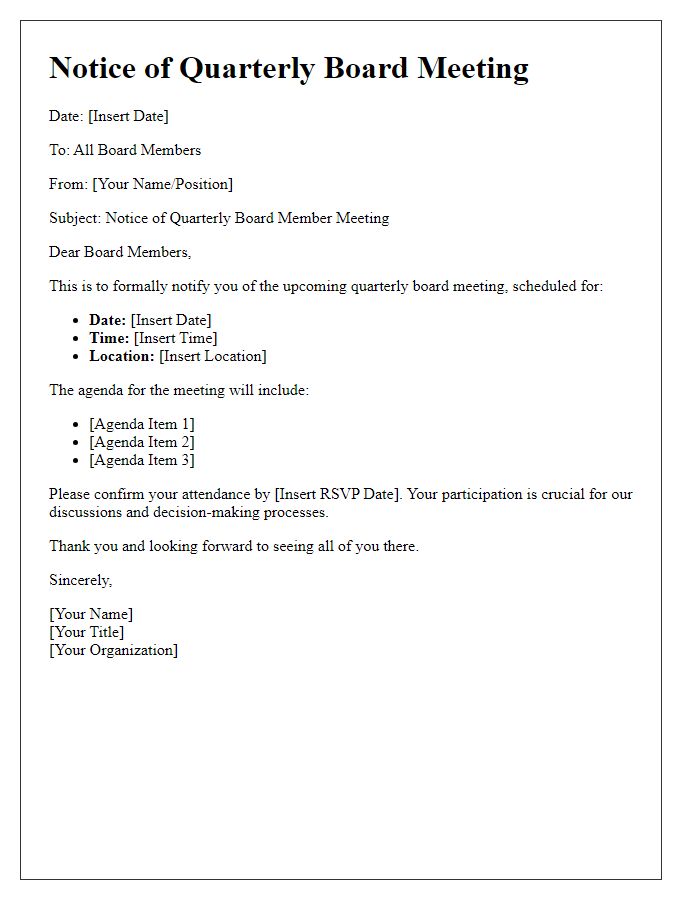 Letter template of quarterly board member meeting notice