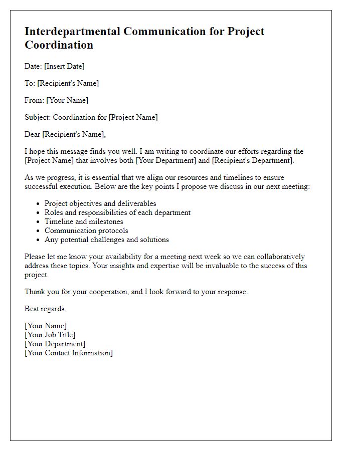 Letter template of interdepartmental communication for project coordination