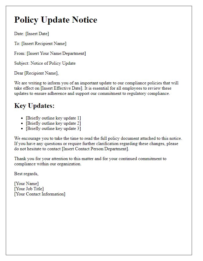 Letter template of policy update notice for compliance reminders