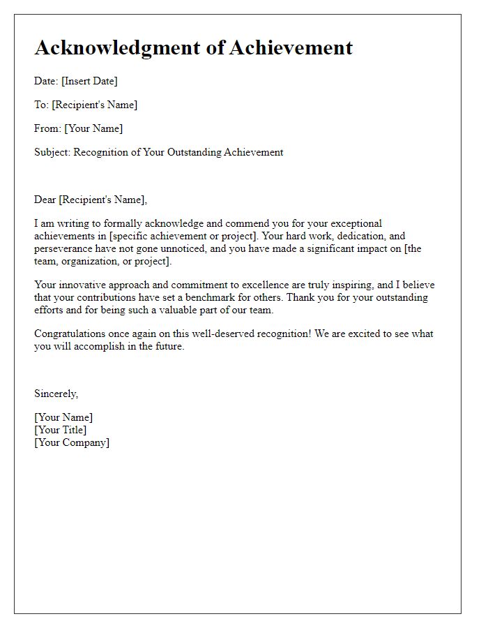 Letter template of recognition note for acknowledging achievements