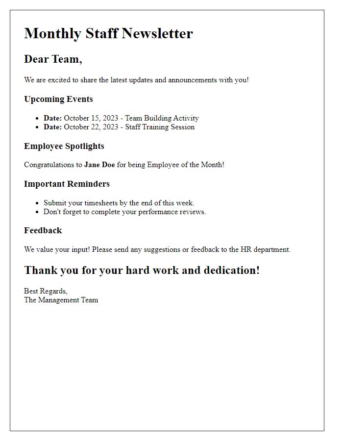 Letter template of staff newsletter for announcements