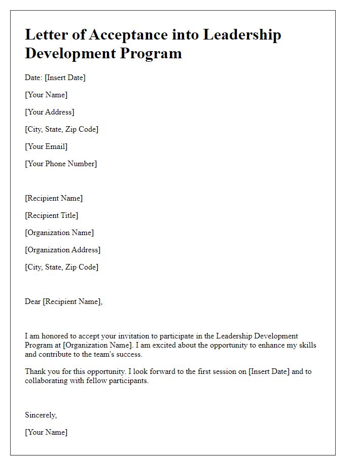 Letter template of acceptance into leadership development program