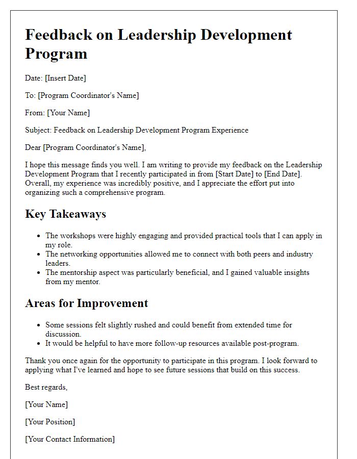 Letter template of feedback on leadership development program experience