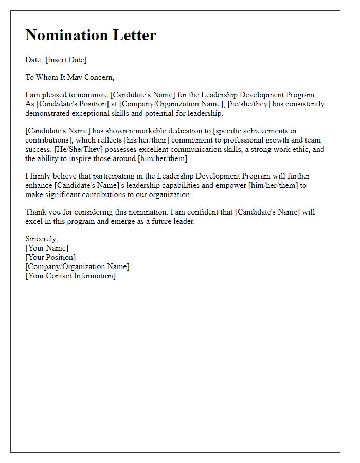 Letter template of nomination for leadership development program candidate