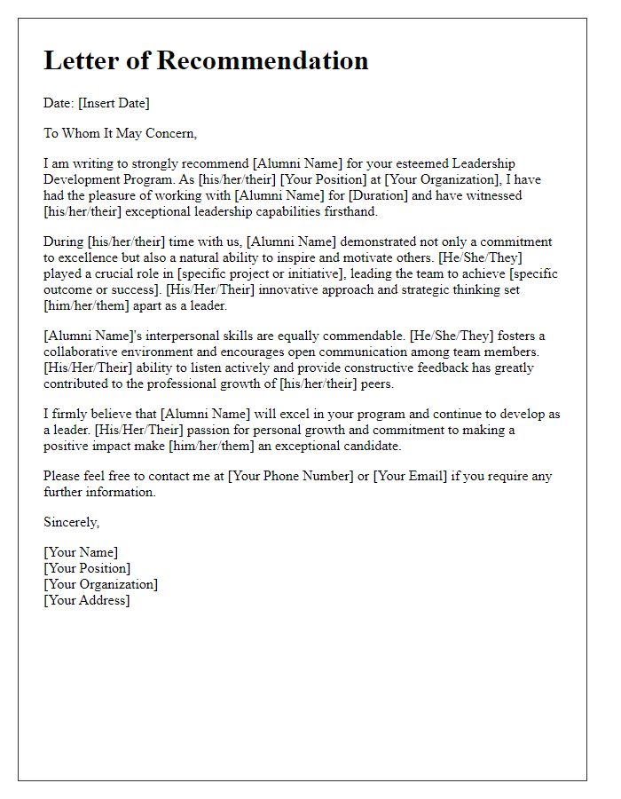 Letter template of recommendation for leadership development program alumni