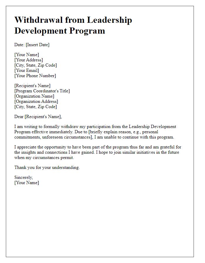 Letter template of withdrawal from leadership development program