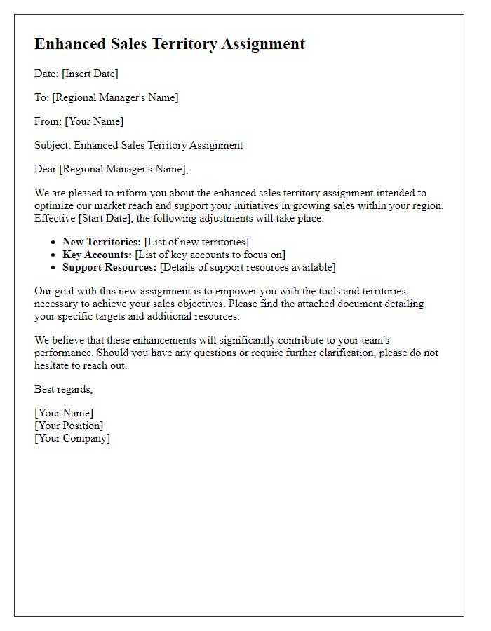 Letter template of enhanced sales territory assignment for regional managers.