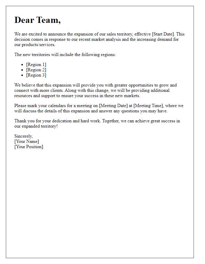 Letter template of expanded sales territory introduction for employees.