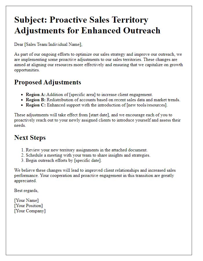 Letter template of proactive sales territory adjustments for better outreach.