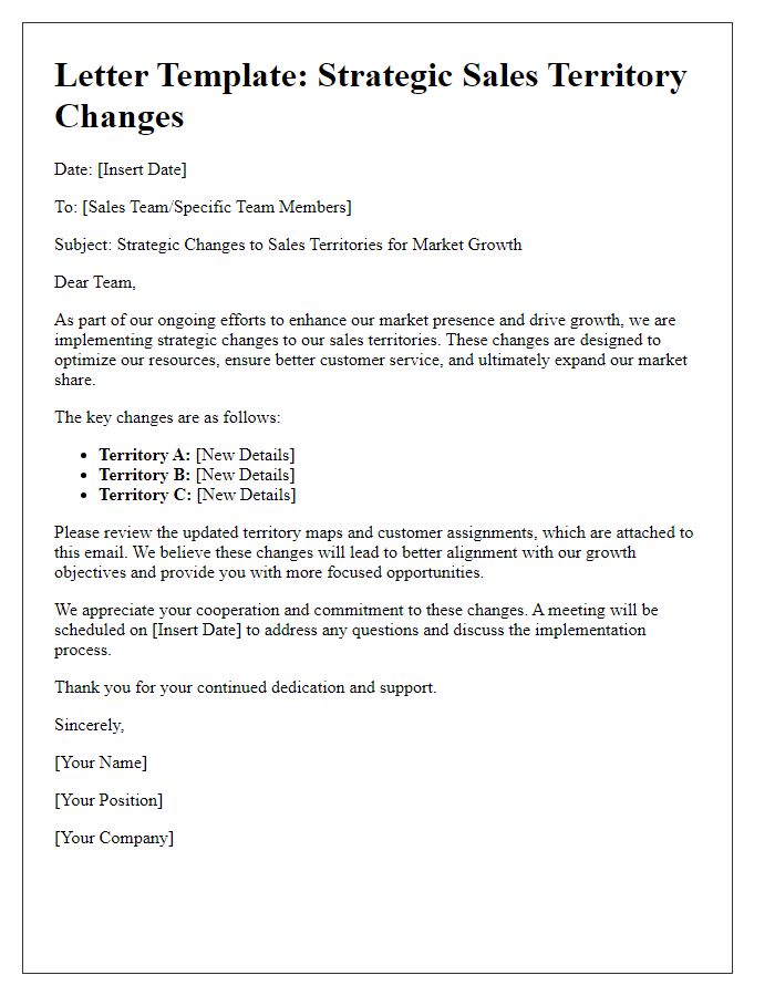 Letter template of strategic sales territory changes for market growth.