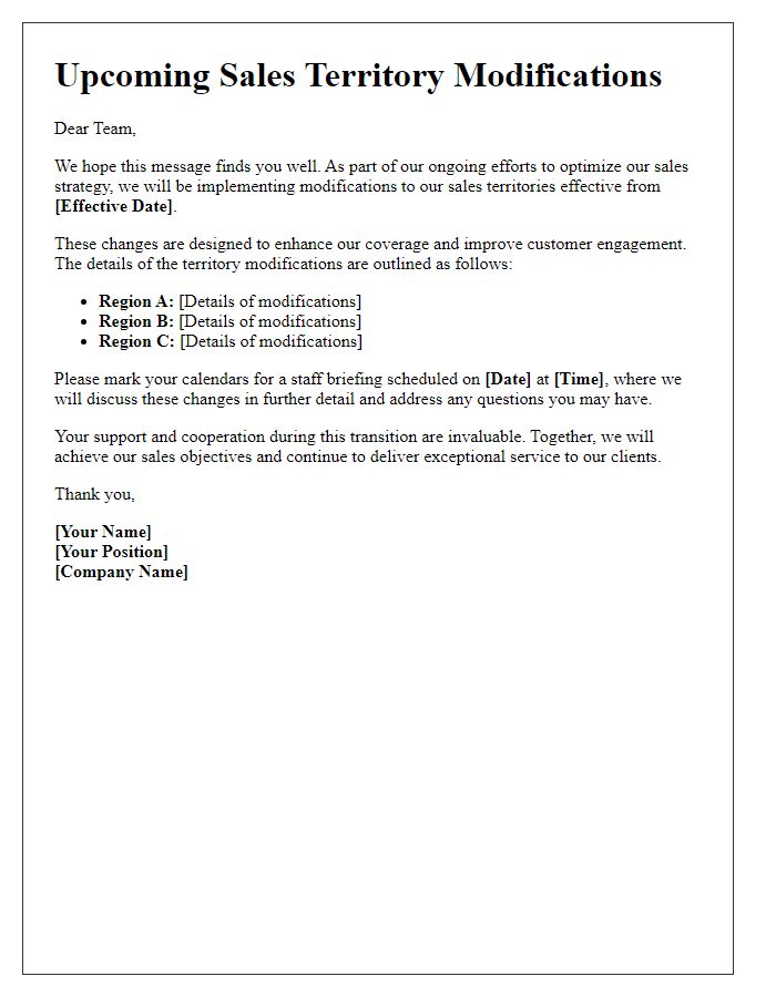 Letter template of upcoming sales territory modifications for staff briefing.