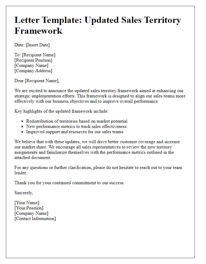 Letter template of updated sales territory framework for effective strategy implementation.