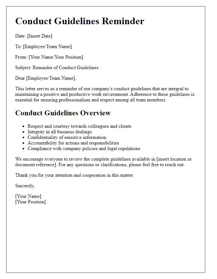 Letter template of conduct guidelines reminder.