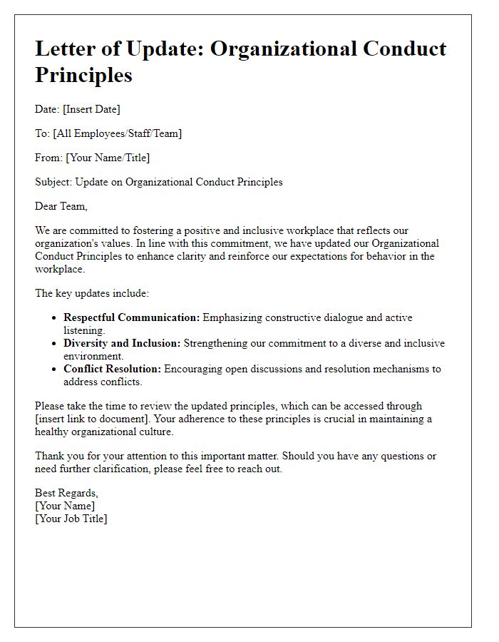 Letter template of organizational conduct principles update.