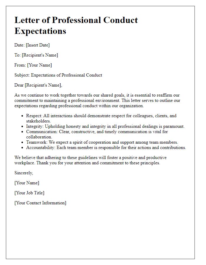 Letter template of professional conduct expectations communication.