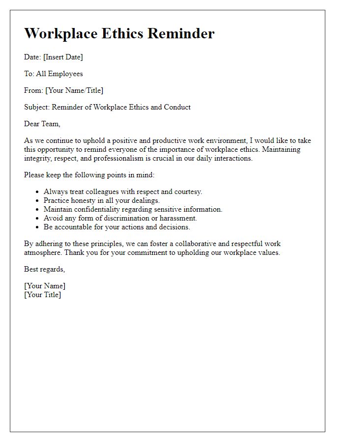 Letter template of workplace ethics reminder.