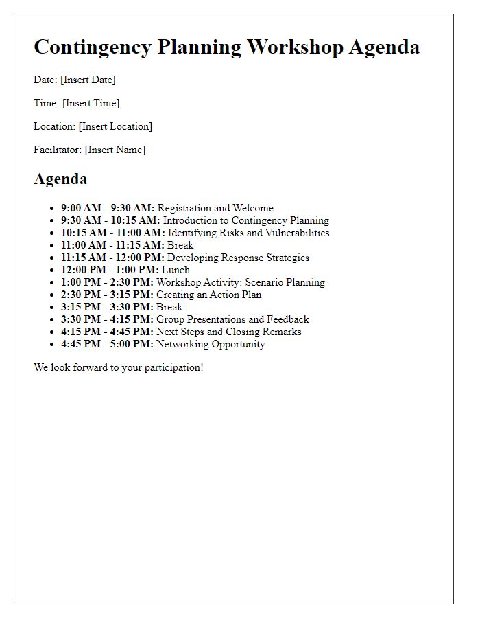 Letter template of agenda for contingency planning workshop.