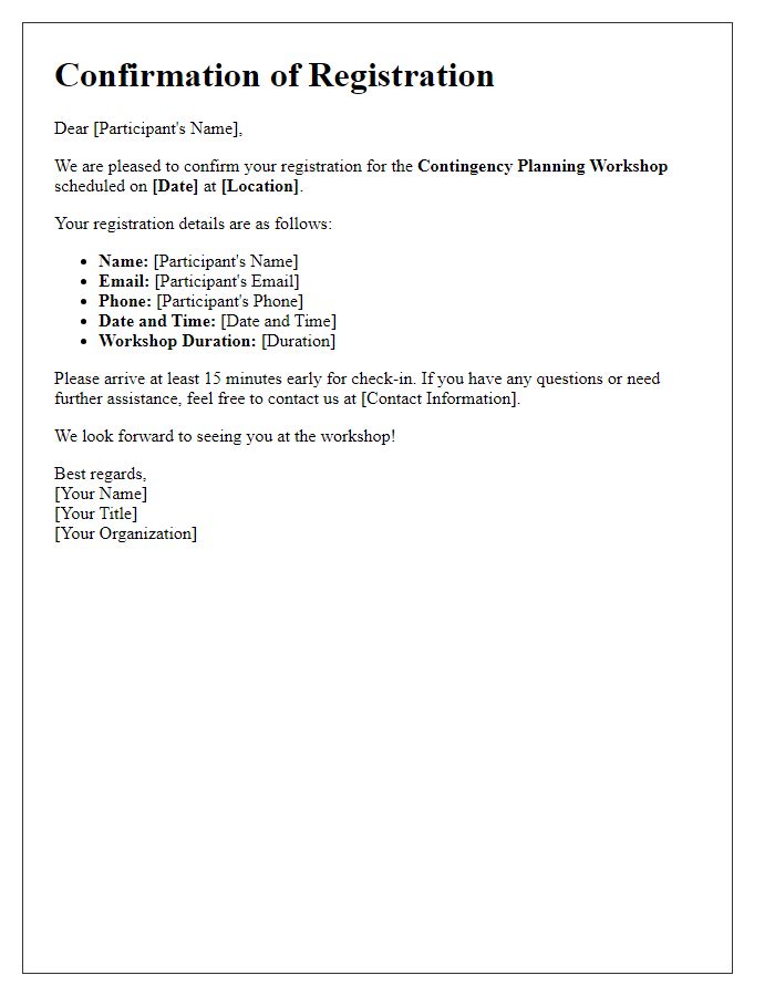 Letter template of confirmation for contingency planning workshop registration.