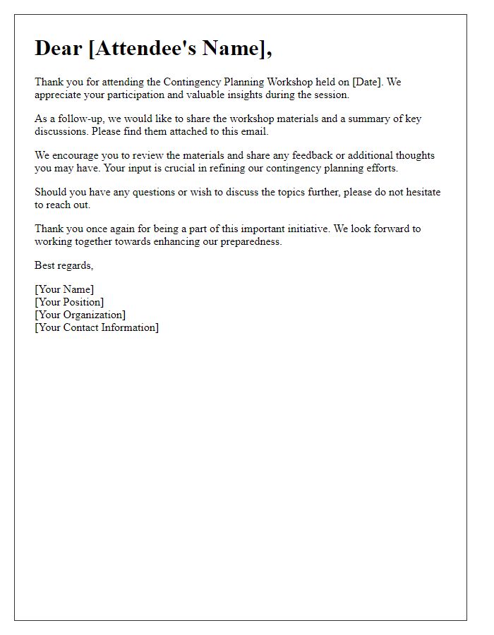 Letter template of follow-up for contingency planning workshop attendees.