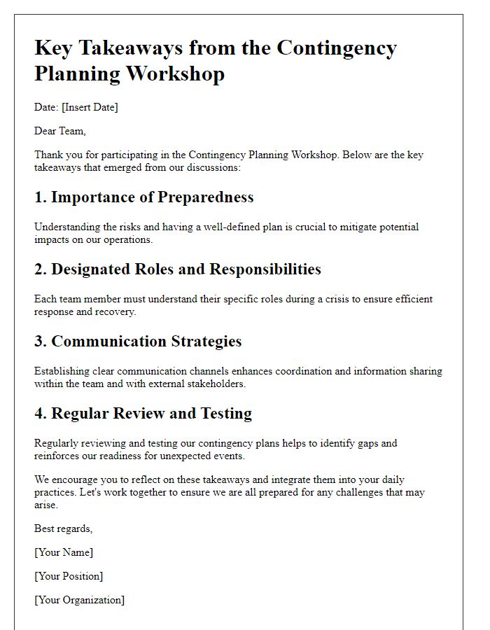 Letter template of highlight key takeaways from the contingency planning workshop.