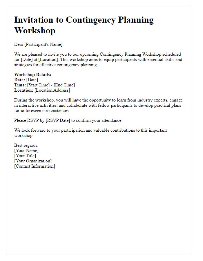 Letter template of invitation for contingency planning workshop participants.