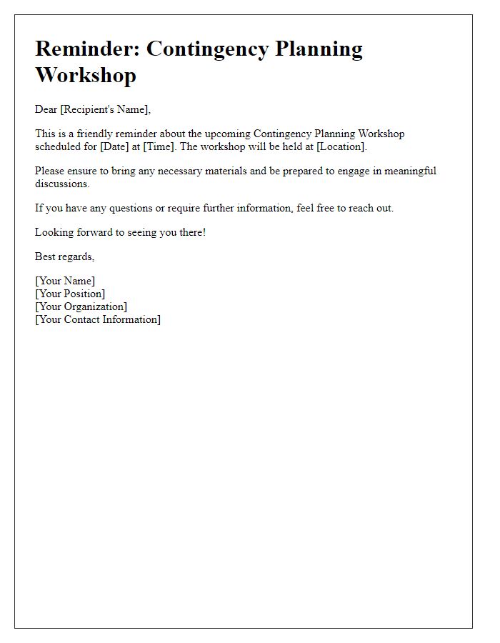 Letter template of reminder for upcoming contingency planning workshop.