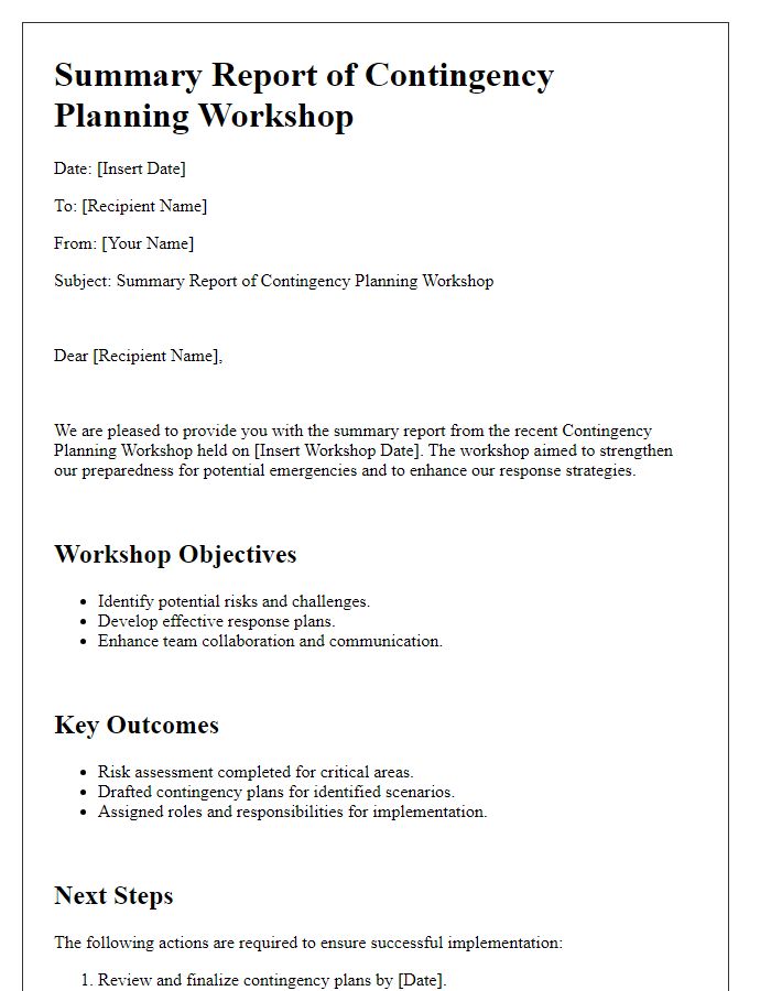 Letter template of summary report following contingency planning workshop.