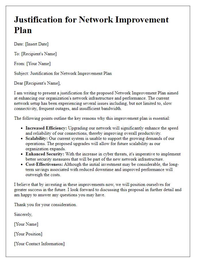 Letter template of justification for network improvement plan