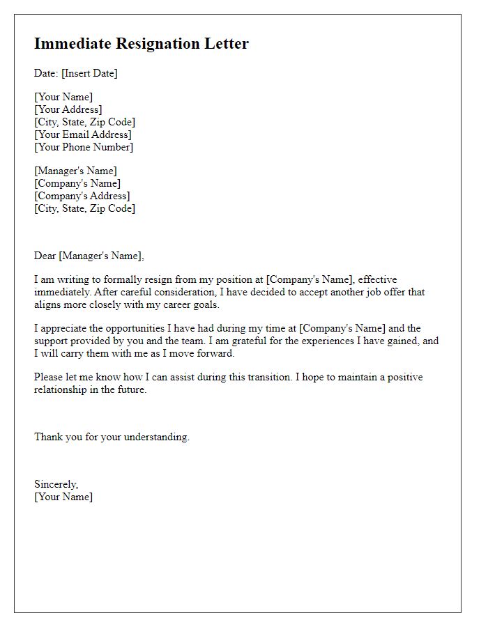 Letter template of immediate resignation after job offer acceptance