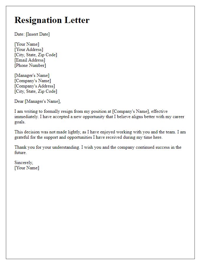 Letter template of immediate resignation for a better opportunity