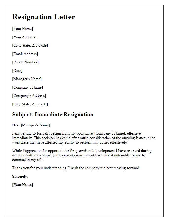 Letter template of immediate resignation due to workplace issues