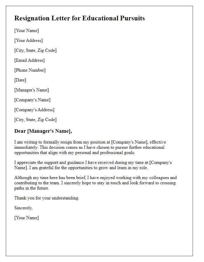 Letter template of immediate resignation for educational pursuits