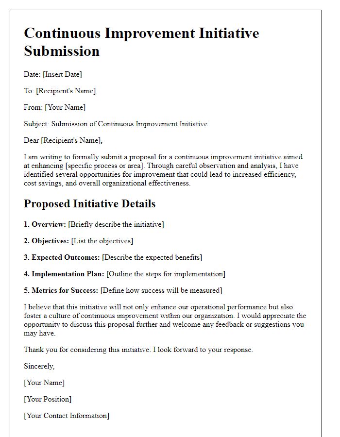 Letter template of continuous improvement initiative submission